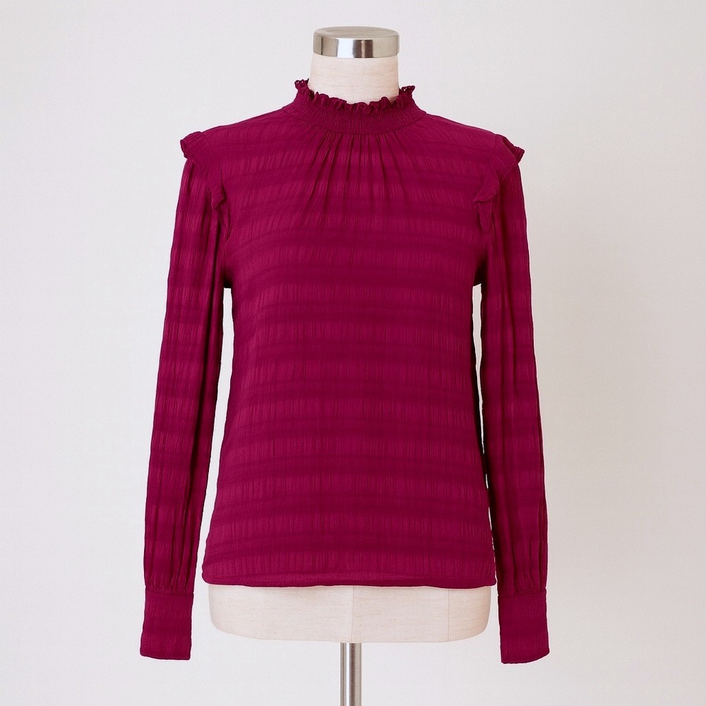 Sanctuary Top Womens Medium Burgundy Gauze Ruffle Mock Neck Long Sleeve Blouse